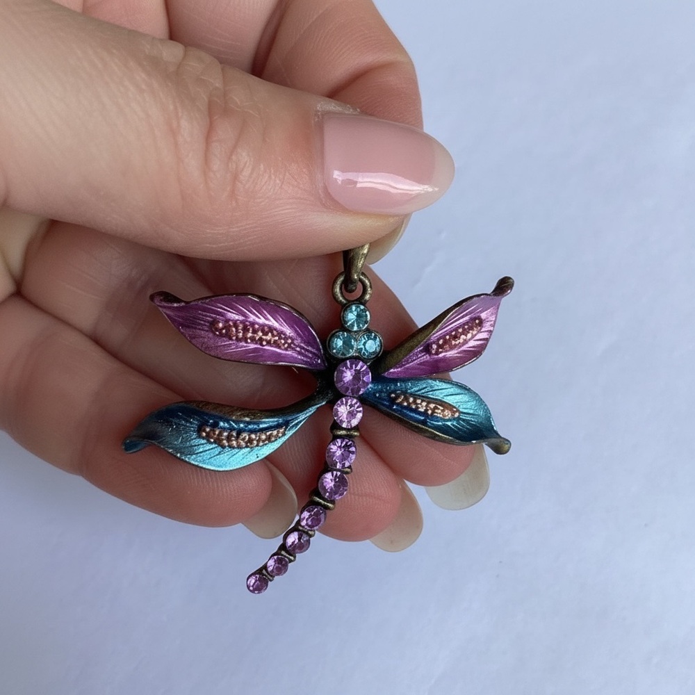Vintage fairy cottagecore Dragonfly pendant with purple and teal rhinestones.